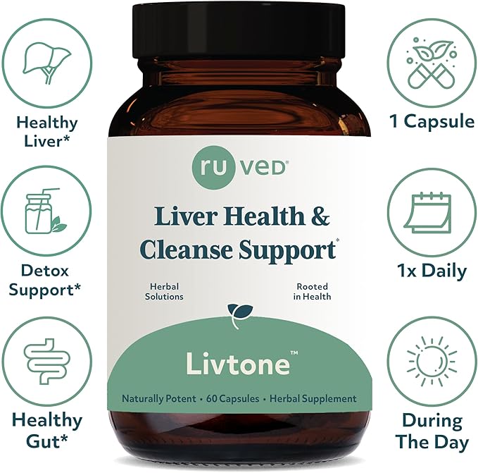 Ruved Livtone, Powerful Doctor-Formulated Liver Support with Berberine, Andrographis and Amla, Ayurvedic Herbal Supplement for Detoxification and Gastrointestinal Health, 60 Vegetarian Capsules
