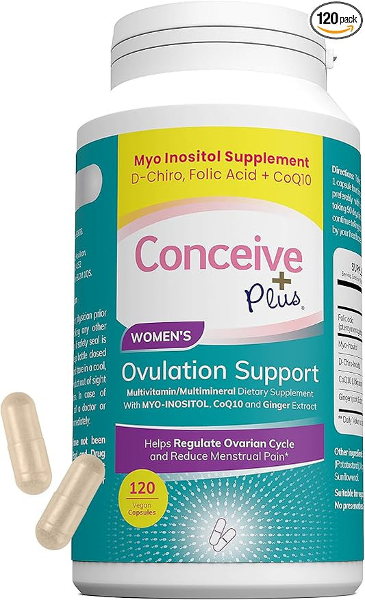CONCEIVE PLUS Ovulation Support Supplement | Myo-Inositol & D-Chiro Inositol Blend with Coq10, Folic Acid, Ginger - PCOS Relief, Healthy Ovarian Support - Multi Vitamins Woman 120 Inositol Capsules