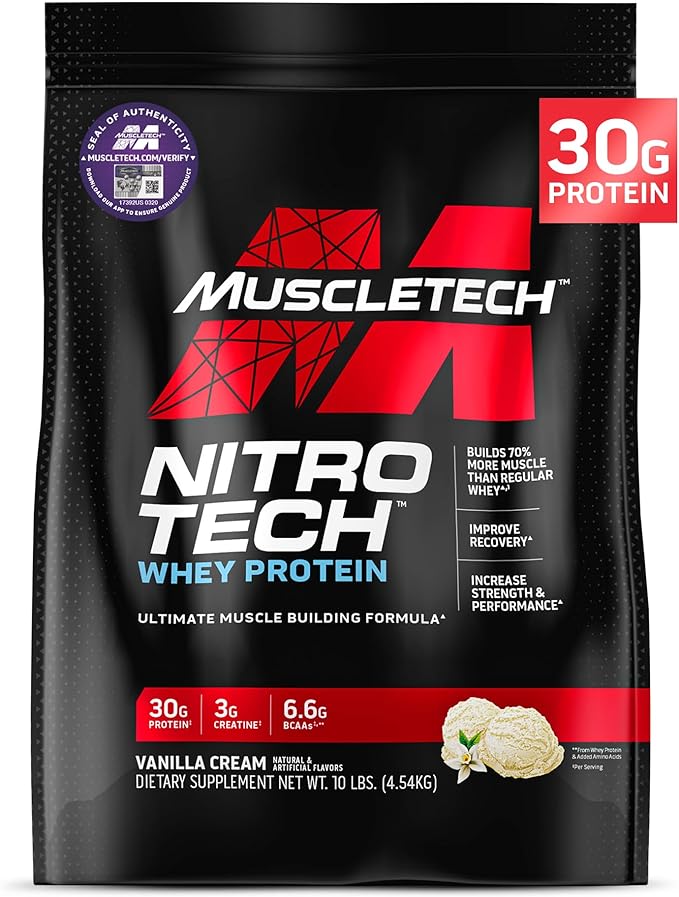 Muscletech Whey Protein Powder (Vanilla Cream, 10 Pound) - Nitro-Tech Muscle Building Formula with Whey Protein Isolate & Peptides - 30g of Protein, 3g of Creatine & 6.8g of BCAA