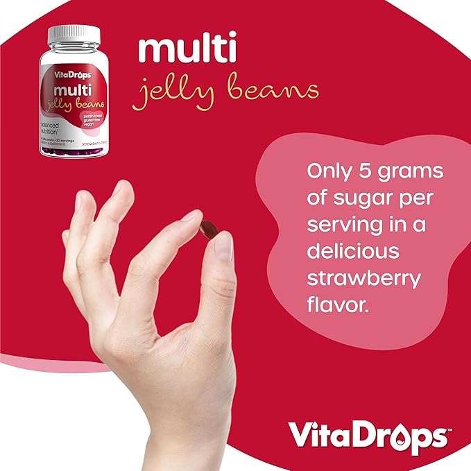 Multivitamin Jelly Beans, Women & Men, Source of Vitamin A C D E B-3 B-6 & Biotin, Supports Immune System, Pectin Based, Vegan & Gluten Free, Strawberry Flavor, 90 Jelly Beans, 30 Servings