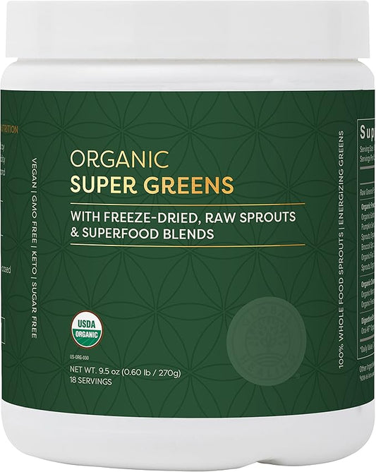Global Healing Organic Super Greens Powder Blend - Greens Superfood Powder with 15 Raw Whole Sprouts - Delicious Green Juice Smoothie Mix for Daily Nutrition - Non-GMO, Gluten-Free Greens Supplements