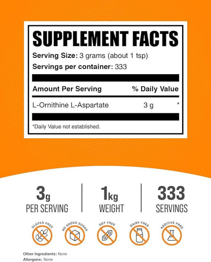 BulkSupplements.com L-Ornithine L-Aspartate Powder - Ornithine Supplement, Ornithine Powder - Amino Acid Supplement, Gluten Free, 3g per Serving, 1kg (2.2 lbs) (Pack of 1)