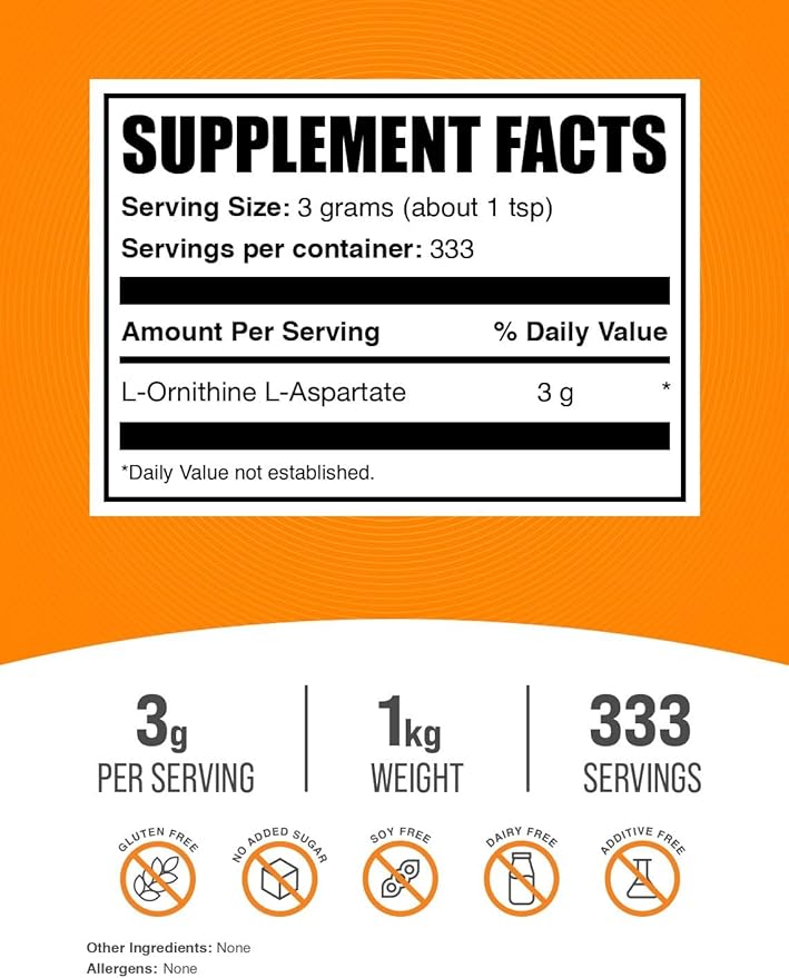 BulkSupplements.com L-Ornithine L-Aspartate Powder - Ornithine Supplement, Ornithine Powder - Amino Acid Supplement, Gluten Free, 3g per Serving, 1kg (2.2 lbs) (Pack of 1)