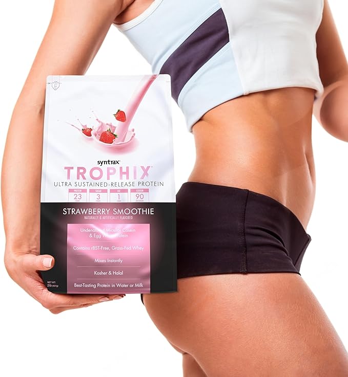 Syntrax Bundle: Trophix Undenatured Casein Protein Strawberry Smoothie - Instant Mix Whey Protein & Egg White Protein Powder - 2 Pounds High Protein Powder and Worldwide Nutrition Keychain