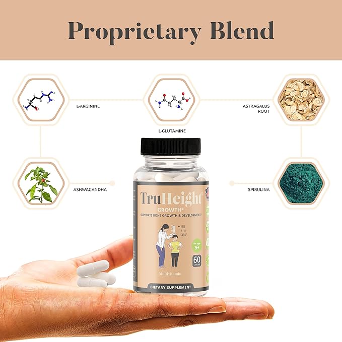 TruHeight Growth Capsules - Natural Growth & Development Supplement for Kids & Teens - Endorsed by Pediatricians - Vitamin D, K, Calcium & Ashwaganda - Bone Strength Capsules - Kids Vitamins - Ages 5+