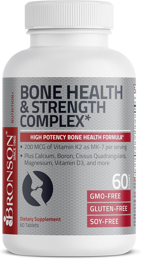 Bronson Bone Health & Strength Complex* High Potency Formula 200 MCG of Vitamin K2 as MK7, Plus Calcium, Boron, Cissus Quadrangularis, Magnesium, Vitamin D3, and More - Non-GMO, 60 Tablets