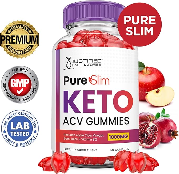 Pure Slim Keto ACV Gummies Advanced Formula 1000MG PureSlim Keto Gummies Apple Cider Vinegar Formulated with Pomegranate Beet Juice Powder B12 Vegan Non GMO 60 Gummys