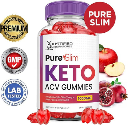 Pure Slim Keto ACV Gummies Advanced Formula 1000MG PureSlim Keto Gummies Apple Cider Vinegar Formulated with Pomegranate Beet Juice Powder B12 Vegan Non GMO 60 Gummys