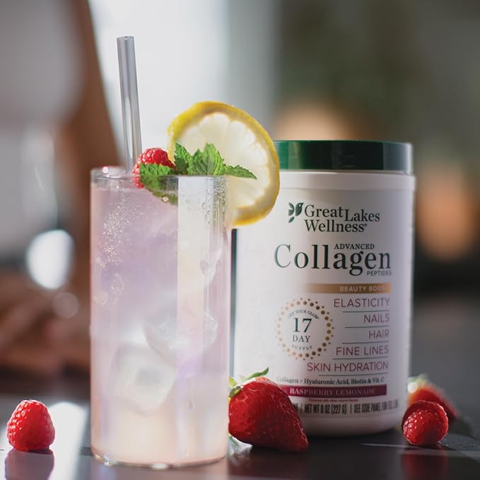 Great Lakes Wellness Beauty Boost Advanced Collagen Peptides - Hyaluronic Acid, Biotin, Vitamin C - Skin Elasticity & Hydration - Raspberry Lemonade - Non-GMO, Kosher, Keto - 8 oz - Packaging May Vary