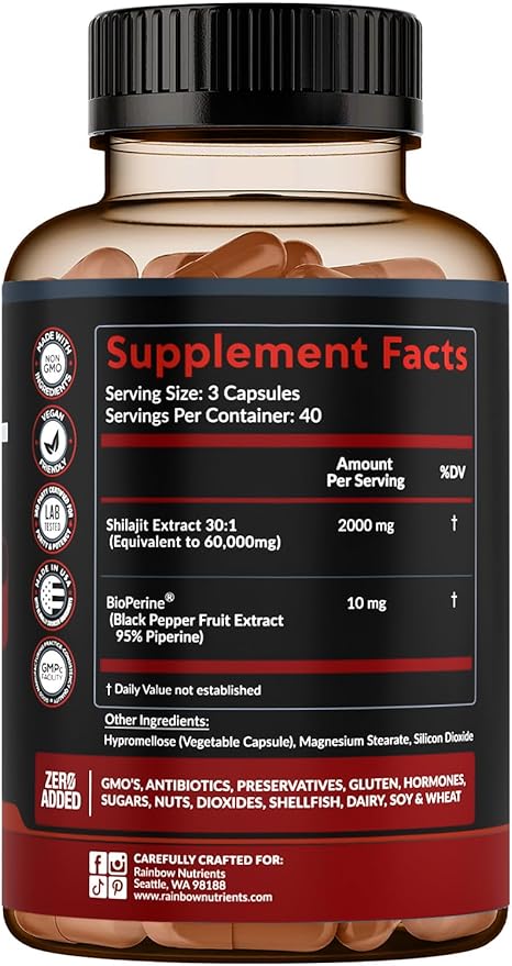 Pure Himalayan Shilajit Capsules Supplement (60,000mg+ Absorption Enhancer+50% Fulvic Acid) Natural 30:1 Shilajit with 85+ Trace Minerals for Energy, Performance, Immune Support| Non GMO| 120 Pills
