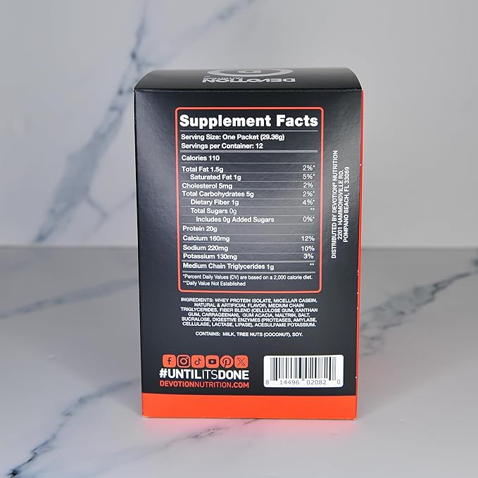 Devotion Nutrition Protein Powder Blend | Gluten Free, Keto Friendly, No Added Sugars | 1g MCT | 20g Whey & Micellar Protein | 12 Count Packets (Salted Caramel Cone)