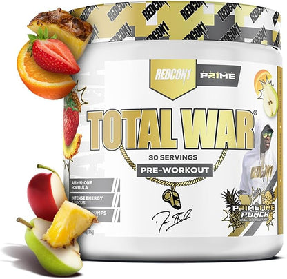 REDCON1 Pre Workout Powder for Men & Women - Total War - All-in-One Preworkout with Beta Alanine & Citruline Malate to Support Energy & Endurance - Prime Time Punch (30 Servings)