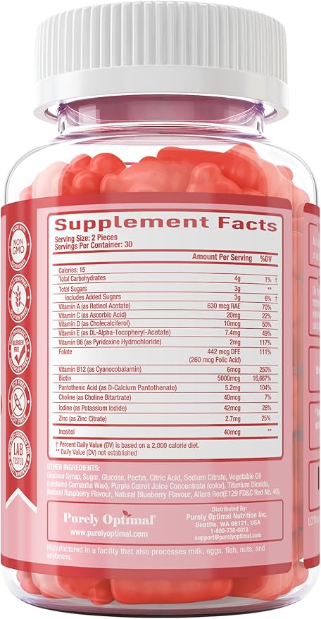 Purely Optimal Premium Hair Vitamins Supplement-Gummy Vitamins w/Biotin, Folic Acid, Vitamins A&D-Supports Faster Hair Growth & Promotes Healthy Hair, Skin, & Nails-60 Non-GMO Berry Flavored Gummies