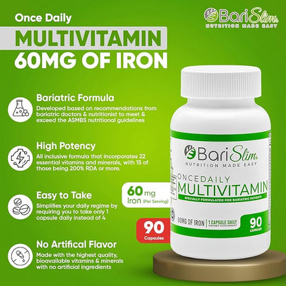 BariSlim Once Daily Bariatric Multivitamin Capsule - 60mg of Iron - Bariatric Vitamin & Supplement for Post Bariatric Surgery Including Gastric Bypass & Gastric Sleeve | 90 Day Supply