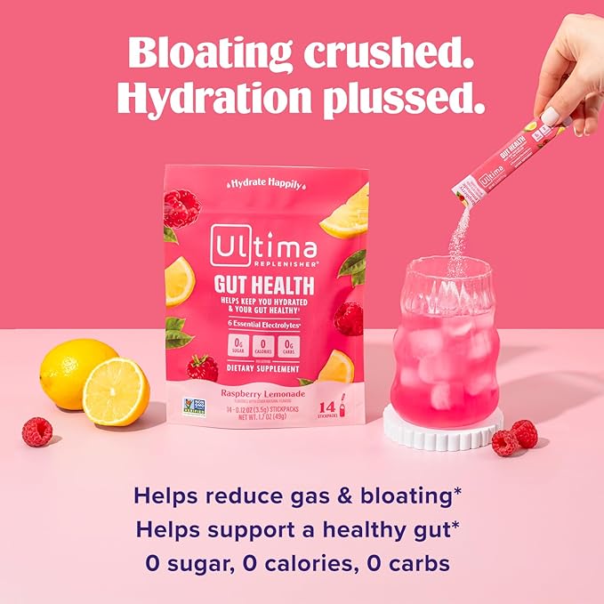 Ultima Replenisher Gut Health Supplement & Electrolytes Powder - Raspberry Lemonade, 14 Stickpacks - Hydration Packets with Added Gut Health Benefits