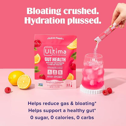 Ultima Replenisher Gut Health Supplement & Electrolytes Powder - Raspberry Lemonade, 14 Stickpacks - Hydration Packets with Added Gut Health Benefits