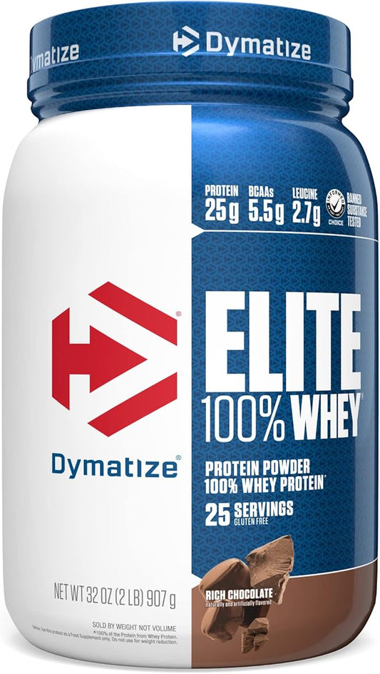 Dymatize Elite 100% Whey Protein Powder, 25g Protein, 5.5g BCAAs & 2.7g L-Leucine, Quick Absorbing & Fast Digesting for Optimal Muscle Recovery, Rich Chocolate, 2 Pound, 25 Servings