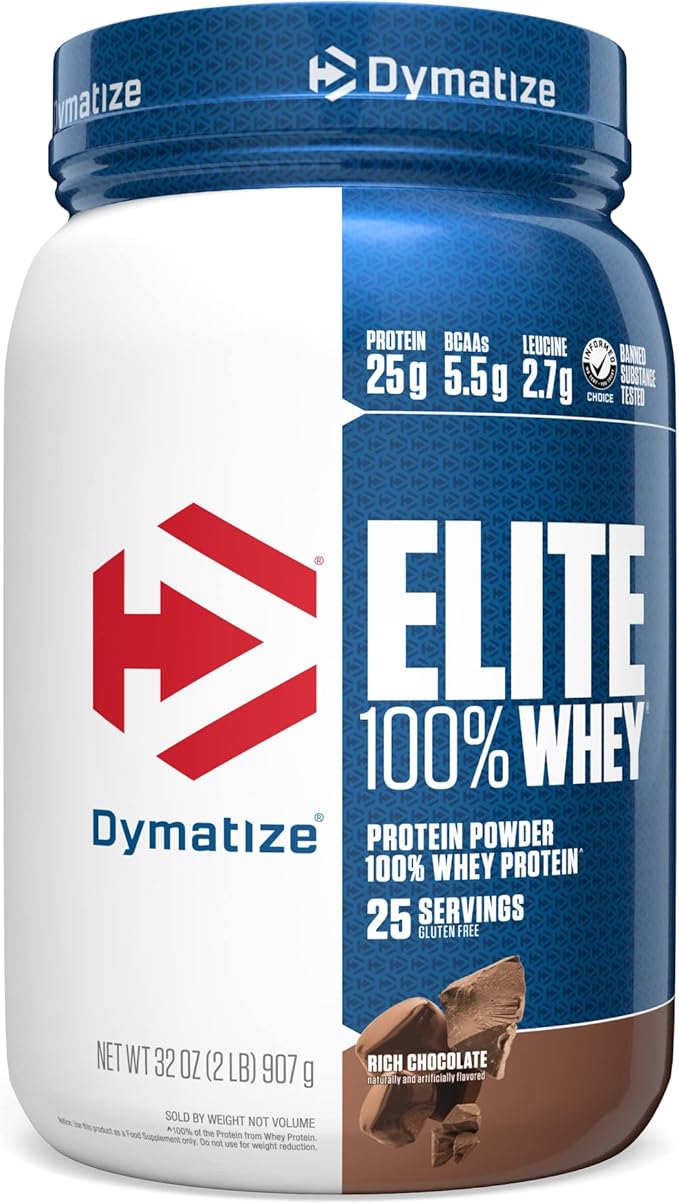 Dymatize Elite 100% Whey Protein Powder, 25g Protein, 5.5g BCAAs & 2.7g L-Leucine, Quick Absorbing & Fast Digesting for Optimal Muscle Recovery, Rich Chocolate, 2 Pound, 25 Servings
