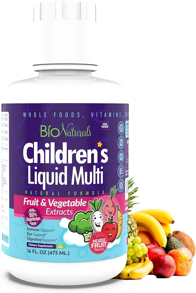 Bio Naturals Children's Liquid Multivitamin & Immune Booster - Natural Supplement for Kids & Toddlers with Vitamins A B C D3 E, Fiber, Fruits & Vegetables - No GMOs, Gluten, Sugar, Dairy, Soy - 16oz