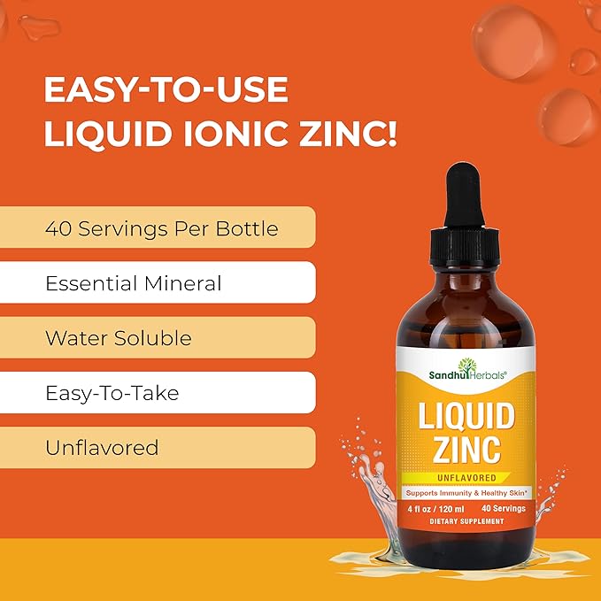 Liquid Zinc for Kids, Toddlers and Babies | 4 Oz Large Glass Bottle | Ionic Zinc Supplements Sulphate Drops | Immune Support | Easy to Take, Water Soluble | Unflavored