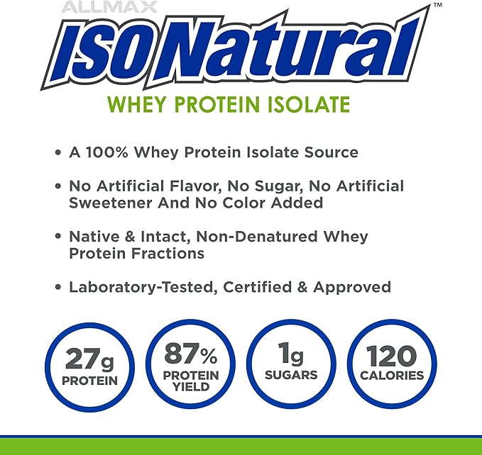 ALLMAX ISONATURAL Whey Protein Isolate, Unflavored - 5 lb - 27 Grams of Protein Per Scoop - Zero Fat & Sugar - 99% Lactose Free - with Prebiotics - No Artificial Flavors - Approx. 78 Servings