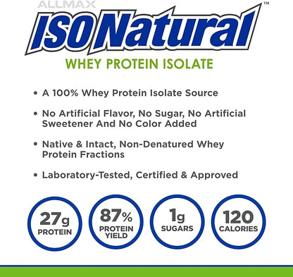 ALLMAX ISONATURAL Whey Protein Isolate, Unflavored - 2 lb - 27 Grams of Protein Per Scoop - Zero Fat & Sugar - 99% Lactose Free - with Prebiotics - No Artificial Flavors - Approx. 31 Servings