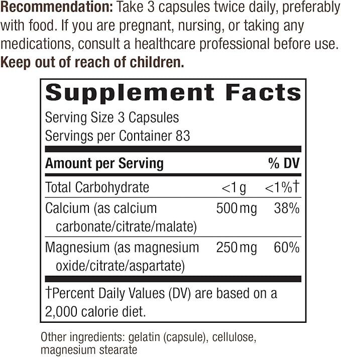 Nature's Way Calcium & Magnesium Mineral Complex, Supports Bone Health & Muscle Function,* 750 mg per 3-Capsule Serving, 250 Capsules (Packaging May Vary)