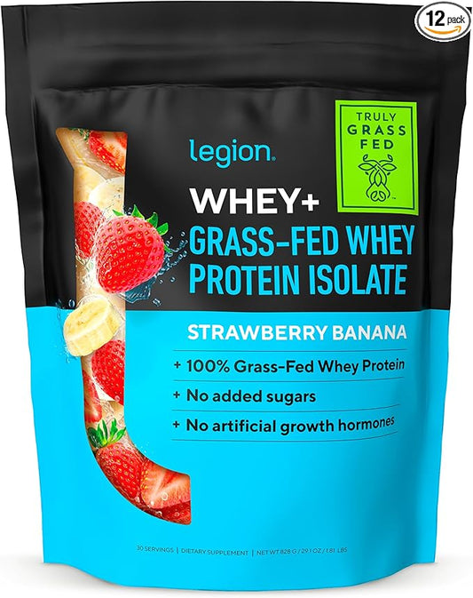 LEGION Whey+ Strawberry Banana Whey Isolate Protein Powder from Grass Fed Cows, Low Carb, Low Calorie, Non-GMO, Lactose Free, Gluten Free, Sugar Free, All Natural Whey (30 Serving Strawberry Banana)