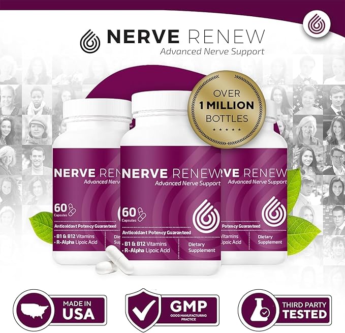 NERVE RENEW Advanced Nerve Support - 300mg Stabilized R-Alpha Lipoic Acid, Vitamin B Complex, Benfotiamine, Herbs for Fast-Acting Support - 3 Pack