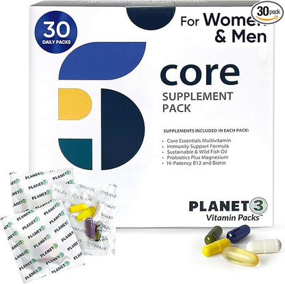 Planet 3 Vitamin Packs, Daily Vitamins for Immune, Energy, Heart & Vision Support | Multivitamins, Vitamin D, Probiotics, Omega 3, Methyl B12 | Core Supplements for Women and Men | 30 Daily Packs
