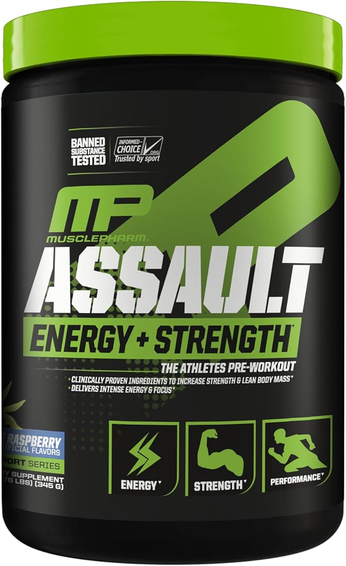 Muscle Pharm Assault Energy & Strength Pre Workout Powder for Men & Women with Beta Alanine, Caffeine, Creatine & Betaine Anhydrous, Pre-Workout Supplements, 30 Servings, Blue Raspberry Flavor