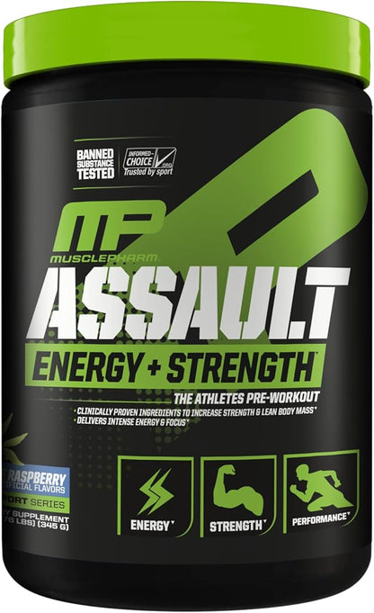 Muscle Pharm Assault Energy & Strength Pre Workout Powder for Men & Women with Beta Alanine, Caffeine, Creatine & Betaine Anhydrous, Pre-Workout Supplements, 30 Servings, Blue Raspberry Flavor