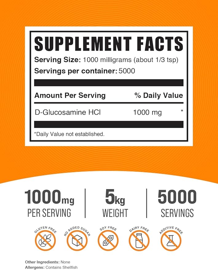 BulkSupplements.com Glucosamine HCl Powder - Glucosamine 1000mg, Glucosamine Supplement, Glucosamine Powder - Gluten Free, 1000mg per Serving, 5kg (11 lbs) (Pack of 5)