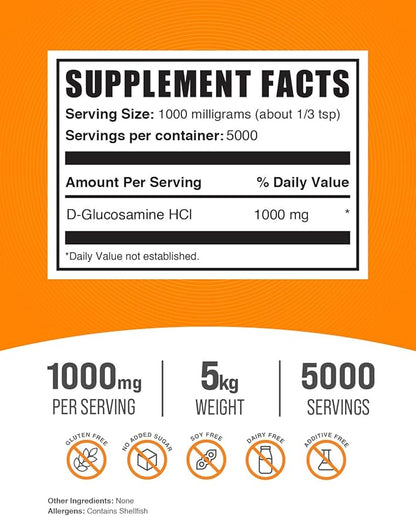 BulkSupplements.com Glucosamine HCl Powder - Glucosamine 1000mg, Glucosamine Supplement, Glucosamine Powder - Gluten Free, 1000mg per Serving, 5kg (11 lbs) (Pack of 5)