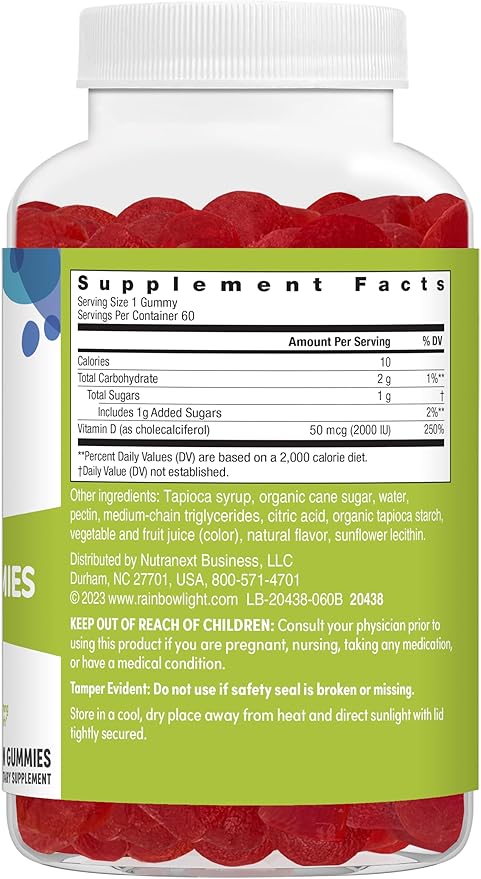 Rainbow Light Vitamin D Gummies, High Potency Vitamin D3 2,000IU Immune Health Support, Helps Support Strong Bones & Teeth, Gluten Free, Vegan, Peach, 60 Gummies