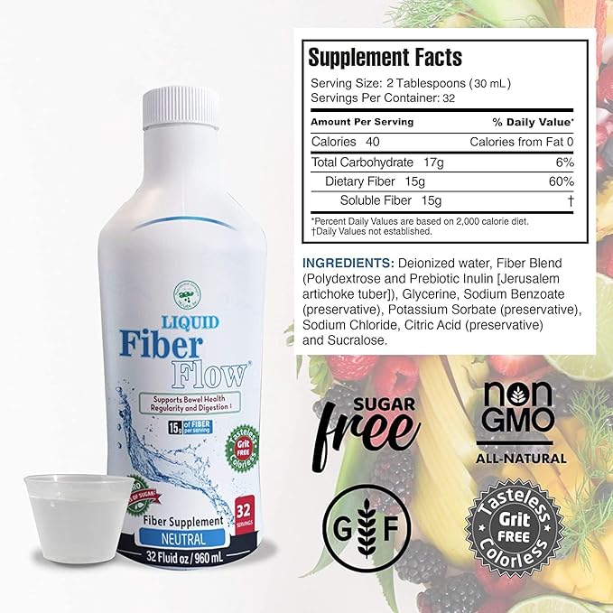Nutritional Designs Liquid Fiber Flow Sugar-Free Prebiotic Inulin Fiber Supplement, All Natural Bowel Regularity Drink for Healthy Intestinal Balance (Liquid)