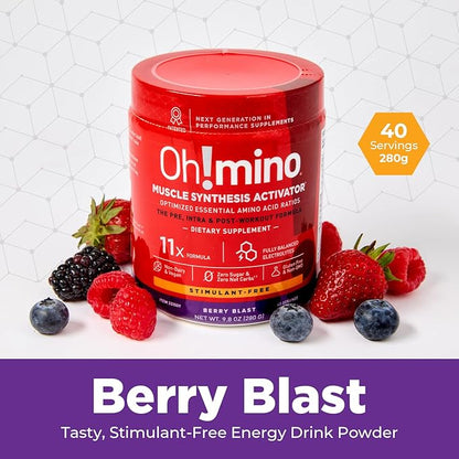 Oh!mino Amino Acid Energy Blend - Sugar-and-Stimulant-Free, Pre-Post Workout Powder, BCAA Amino Acids, Workout Recovery Drink, Muscle Synthesis Activator, Berry Blast, 280 g, 40 Servings