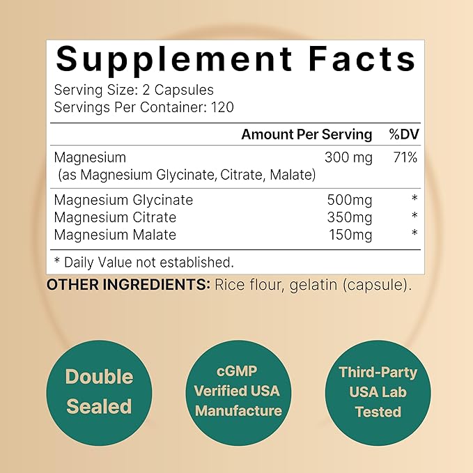 Triple Complex Magnesium Supplement, 240 Capsules | Magnesium Glycinate 500mg with Citrate & Malate | Chelated & Purified | Bone, Heart, & Muscle Support | Non-GMO