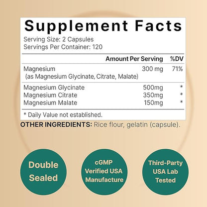 Triple Complex Magnesium Supplement, 240 Capsules | Magnesium Glycinate 500mg with Citrate & Malate | Chelated & Purified | Bone, Heart, & Muscle Support | Non-GMO