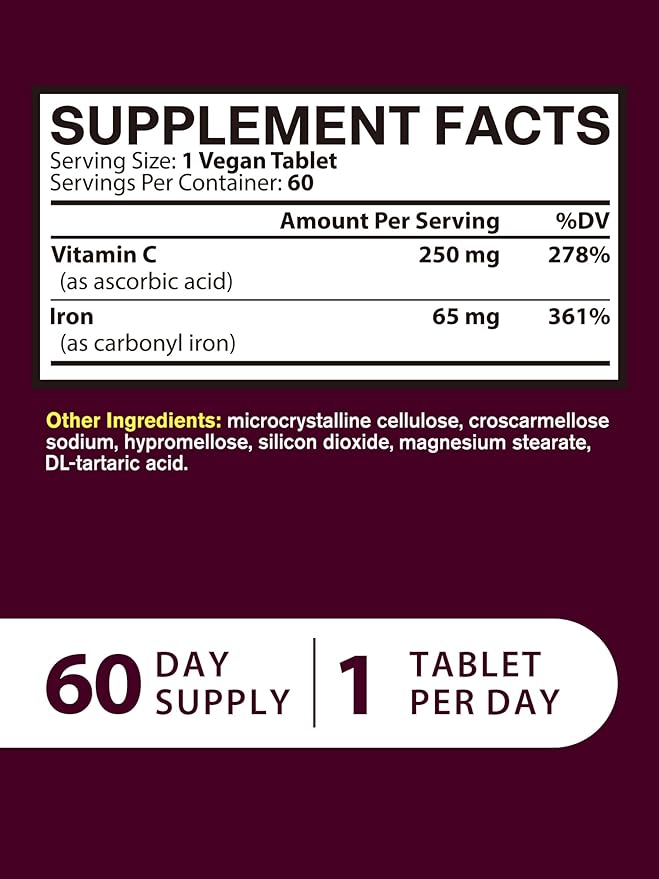 Iron Supplement for Women Men, High Potency Iron 65mg with Vitamin C 250mg, Slow Release Stomach Friendly Iron Pills for Red Blood Cell & Immune Support, Non-GMO, Gluten Free, 60 Vegan Tabs