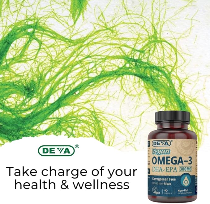 DEVA Vegan Omega-3 DHA Supplement, Once-Per-Day Softgel 200 MG, Carrageenan Free, Gelatin Free, Non-Fish, Algae Oil, Omega-3 Fatty Acids - 90 Softgels