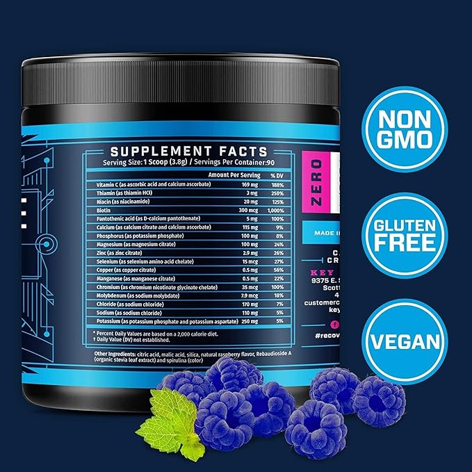 KEY NUTRIENTS Multivitamin Electrolytes Powder No Sugar - Sweet Blue Raspberry Electrolyte Powder - Endurance & Energy Supplement - Hydration Powder - No Calories - 90 Servings - Made in USA