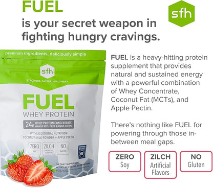 SFH Fuel Whey Protein Powder Great Tasting Grass Fed Whey | MCTs & Fiber for Energy | All Natural | Soy Free, Gluten Free, No RBST, No Artificial Flavors (Strawberry (1.6lb Bag))