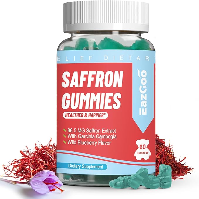 Saffron Supplements Gummies, Saffron Extract for Positive Mood & Calm Nerve, Boost Energy, with Garcinia Cambogia, Vitamin A, B12, Rhodiola Rosea - 60 Gummies