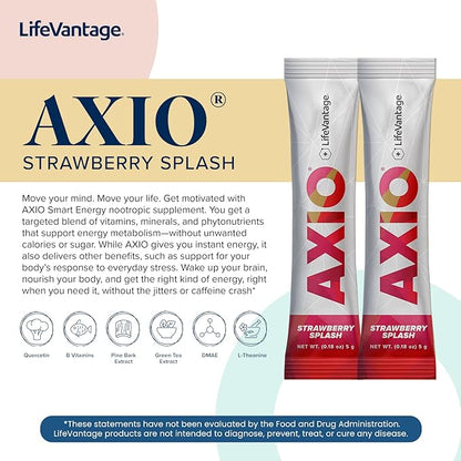 AXIO Regular Energy Drink Powder, Strawberry Splash, 30 Packets, Instant Energy Powder, Energy Supplement in a Drink Mix, w/B Vitamins, DMAE, L-Theanine, Quercetin, Green Tea & Pine Bark Extract
