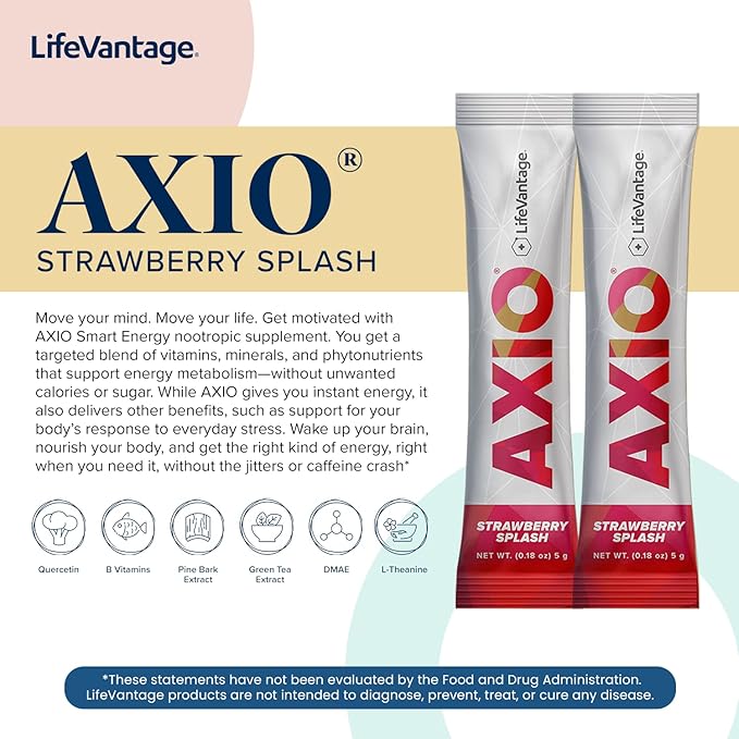 AXIO Regular Energy Drink Powder, Strawberry Splash, 30 Packets, Instant Energy Powder, Energy Supplement in a Drink Mix, w/B Vitamins, DMAE, L-Theanine, Quercetin, Green Tea & Pine Bark Extract