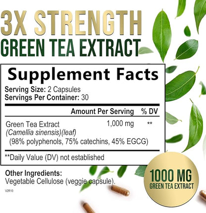 Green Tea Extract Capsules 1000mg 98% Standardized EGCG - 3X Strength for Natural Energy - Heart Support with Polyphenols - Gentle Caffeine - 60 Capsules