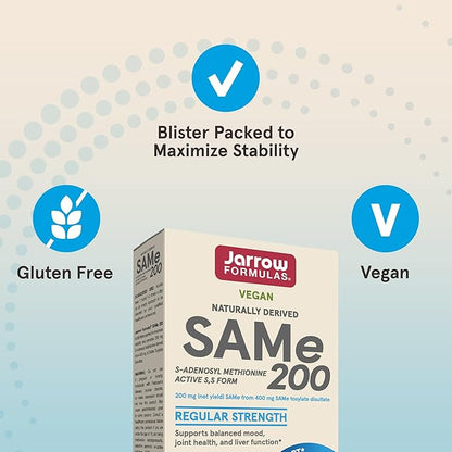 Jarrow Formulas SAMe 200 mg, Supports Joint Health, Liver Function, Brain Metabolism, 20 Tablets, Up To A 20 Day Supply