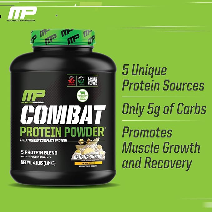MusclePharm Combat Protein Powder, Banana Cream Flavor, Fuels Muscles for Productive Workouts, 5 Protein Sources including Whey Protein Isolate & Egg Albumin, Gluten Free, 4 lb, 52 Servings