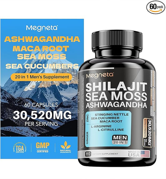 Shilajit 6,000mg for Men with Sea Moss 6,000mg Ashwagandha 3,000mg L-Arginine 3000MG, Boost Energy, 60 Capsules